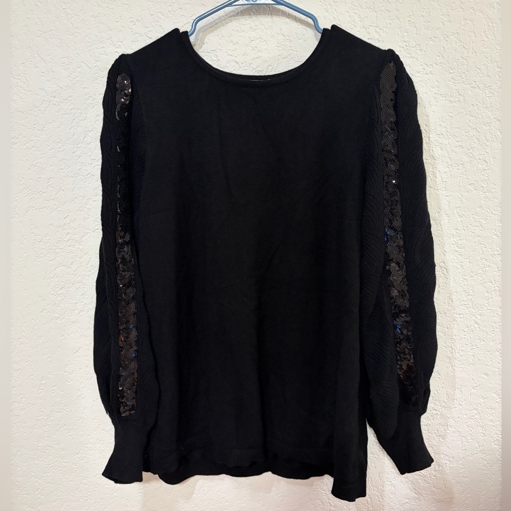 Chico's Black Top with Knit Sequin Sleeves